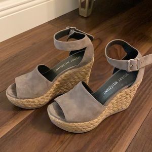 Start Weitzman wedge shoe. Heather grey color with beige heel